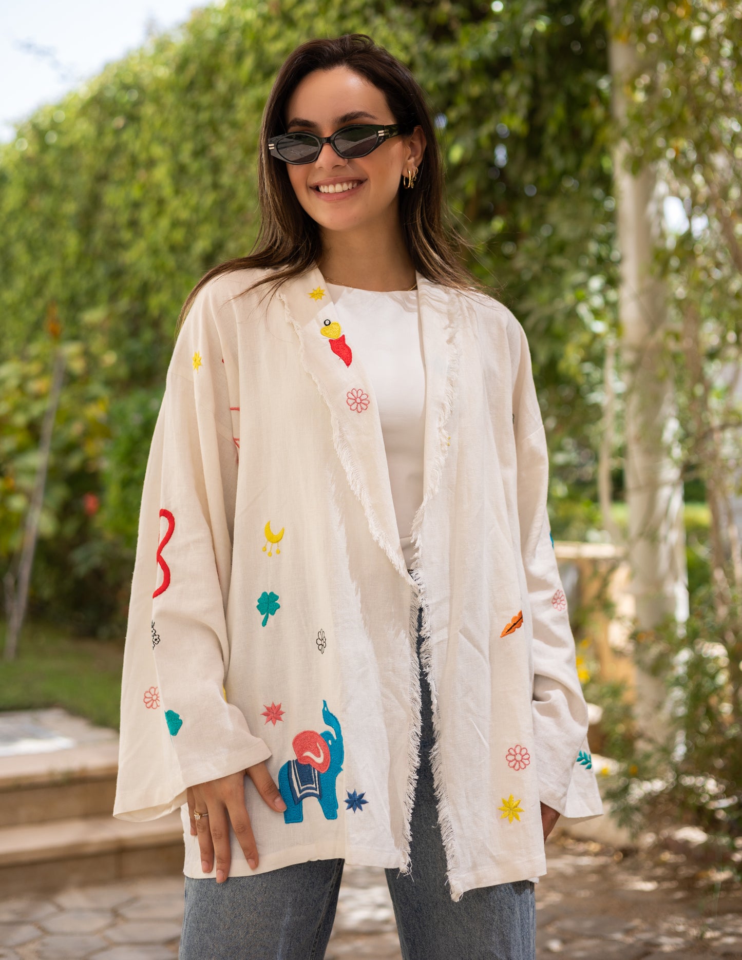 Embroidery linen kimono