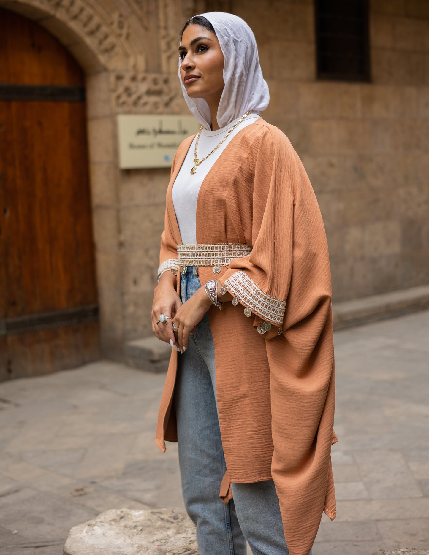 Linen cape with embroidery belt