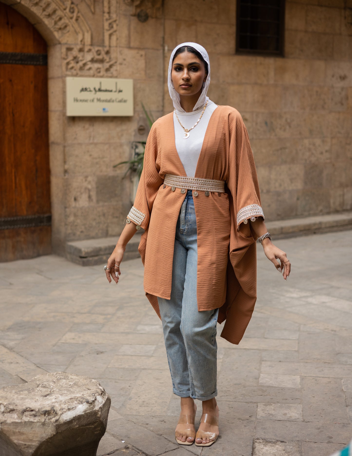 Linen cape with embroidery belt